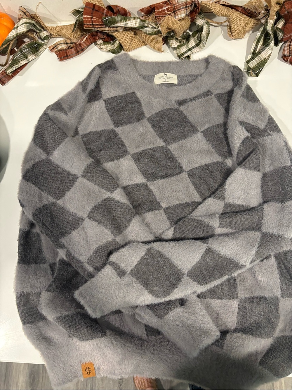 Simply Southern Gray Argyle Fuzzy Crewneck Sweater